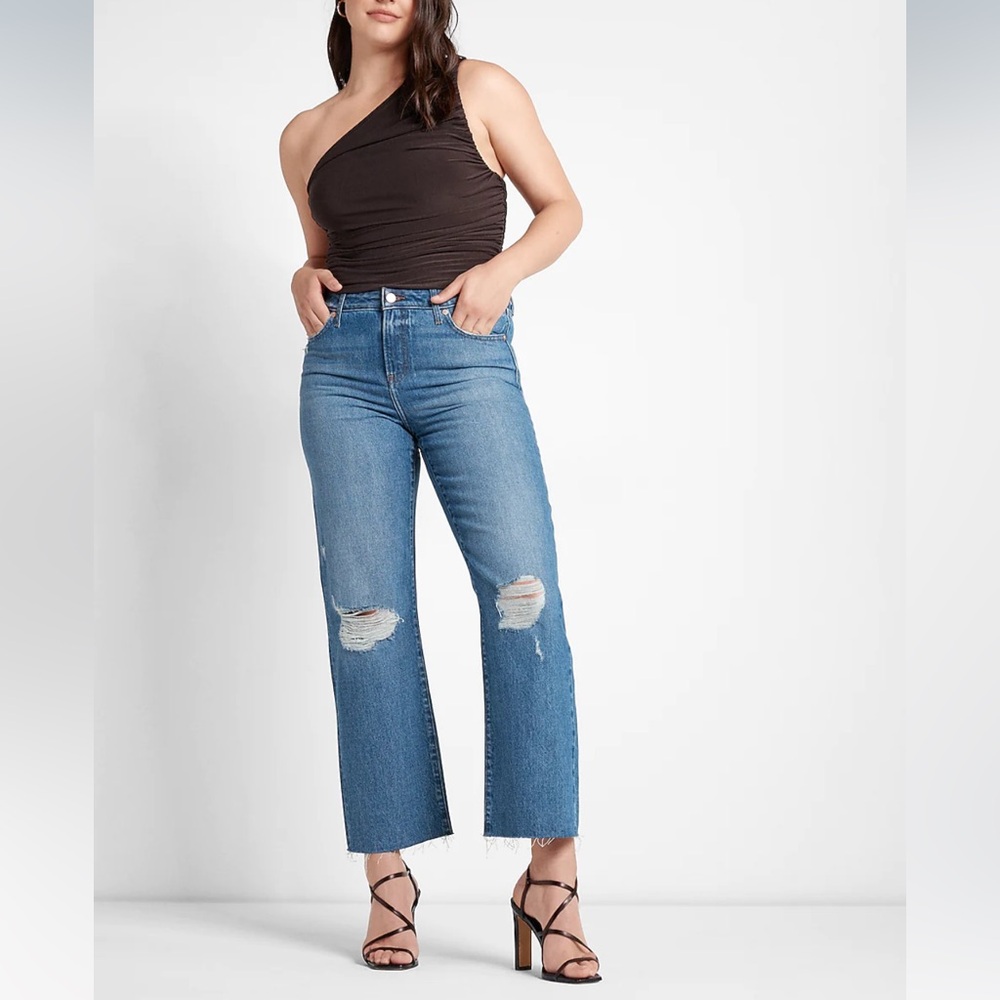 Mid Rise Medium Wash Ripped 90s Ankle Boot Jeans womens jeans express new